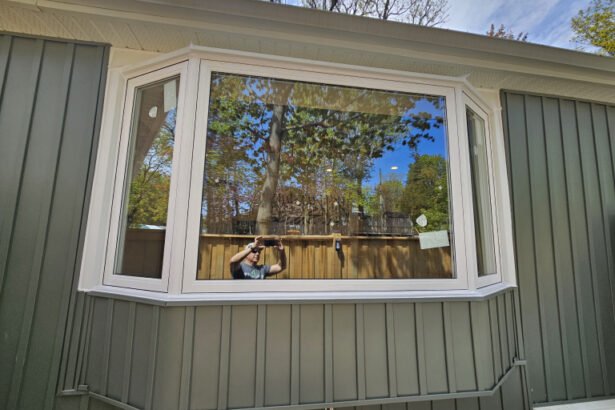 Newly installed modern white bay window in a Barrie home