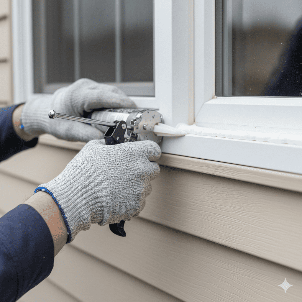 Installer applying exterior sealant around a newly installed window frame.