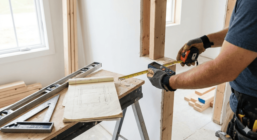  Measuring a non-standard door opening for a custom door installation.