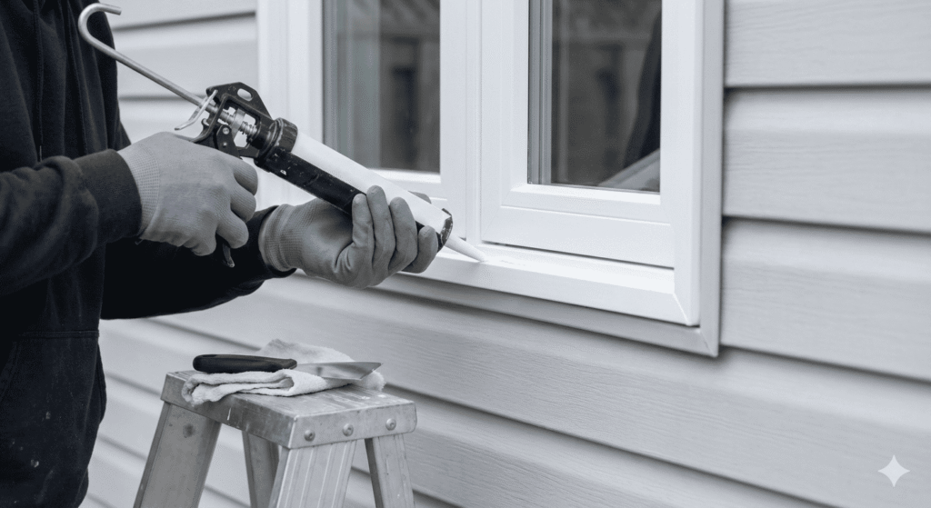 Installer applying exterior sealant during spring window installation for a tight weather seal.